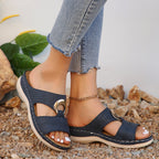 Leather Wedge Sandals – Perforated Buckle Slip-On Sandals by OEM