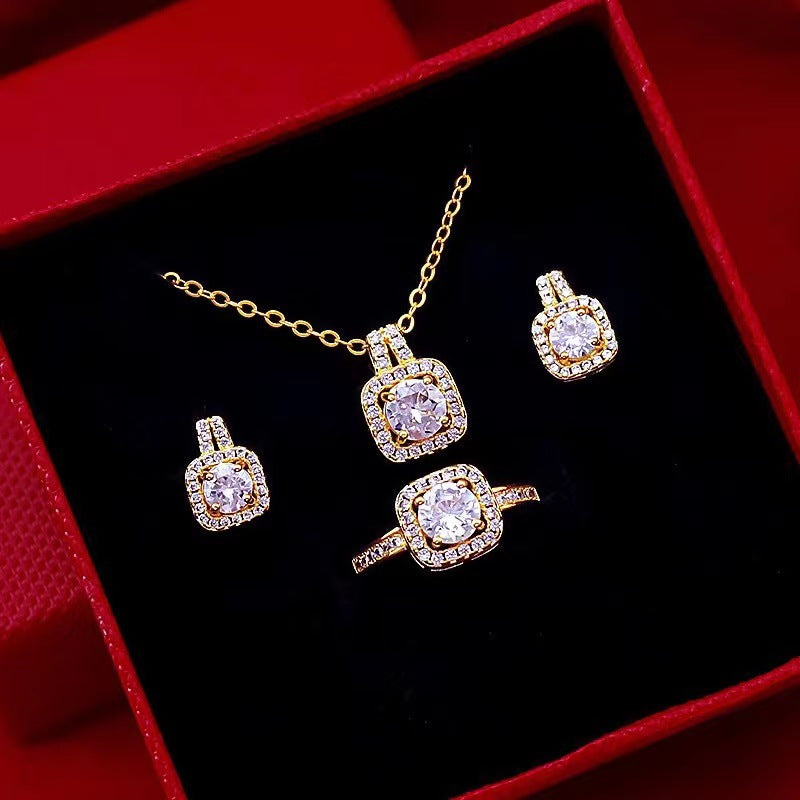 Zircon necklace, stud earrings and ring jewelry set