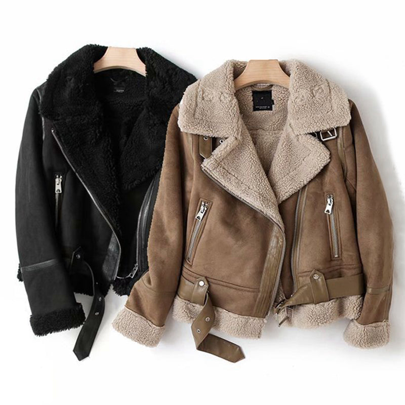Winter Lapel Suede Lamb Wool Warm Motorcycle Jacket Women's Outerwear