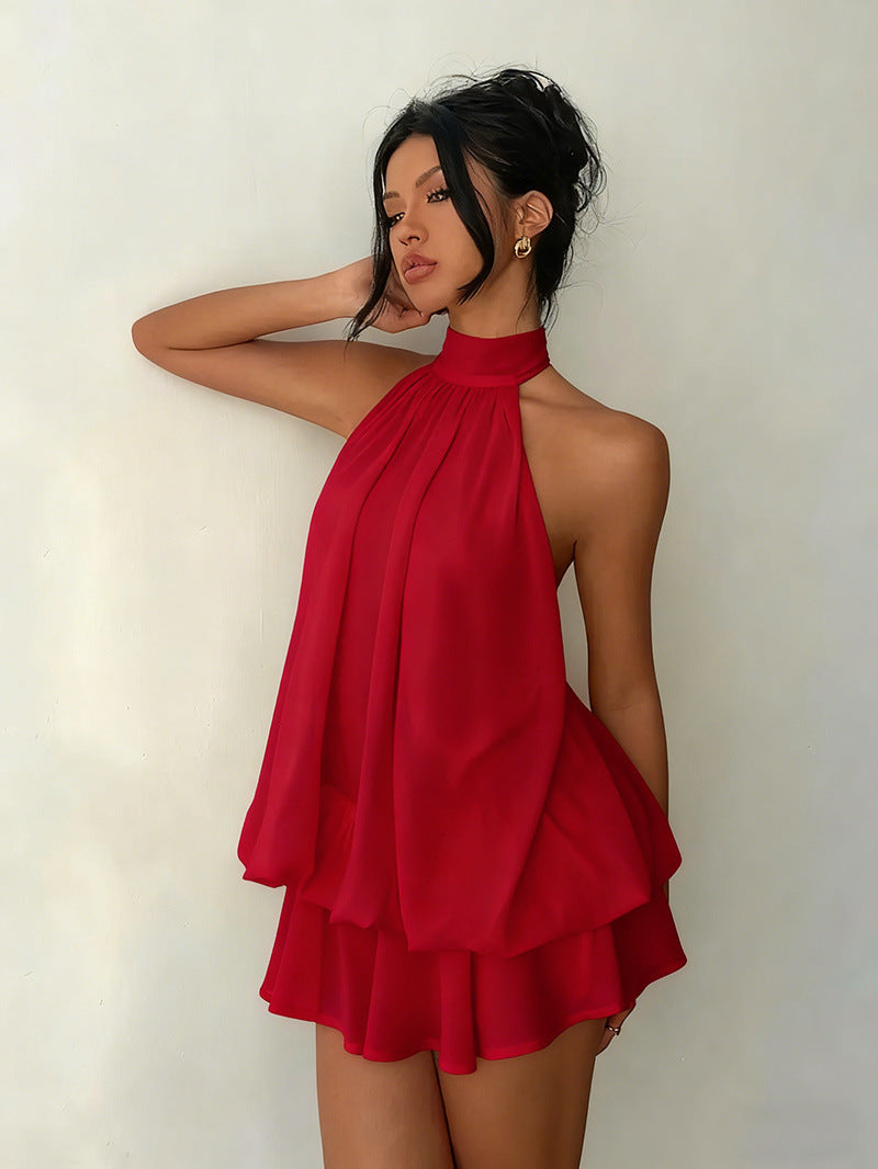 Halter Chiffon Dress – Backless Solid-Color A-Line Dress
