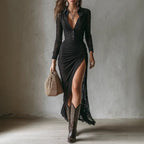 High-waist long-sleeve pleated lace maxi dress