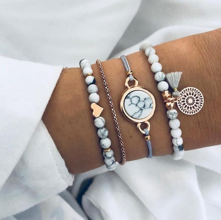 4-piece turquoise-stone tassel boho bracelet set