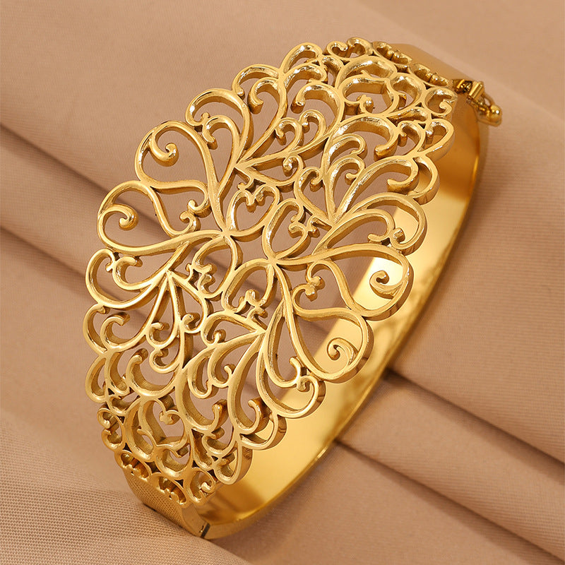 Gold Bangle Bracelet – Titanium Steel Hollow Carved Cuff