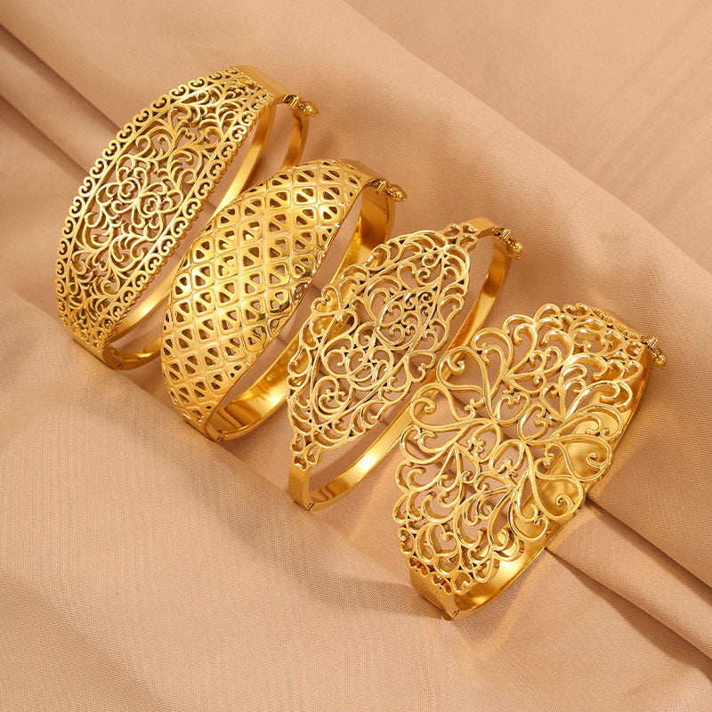 Titanium steel hollow carved gold bangle cuff bracelet