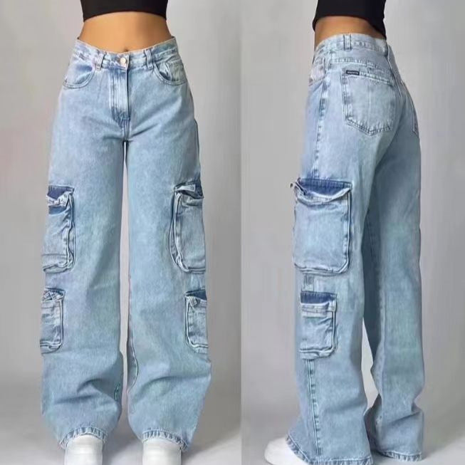 High-waist distressed straight-leg workwear jeans