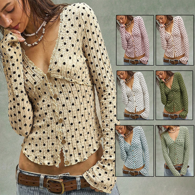 Cropped long-sleeve polka-dot ruffle V-neck top