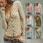Cropped long-sleeve polka-dot ruffle V-neck top