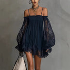 Boat-neck long-sleeve lace slip mini dress