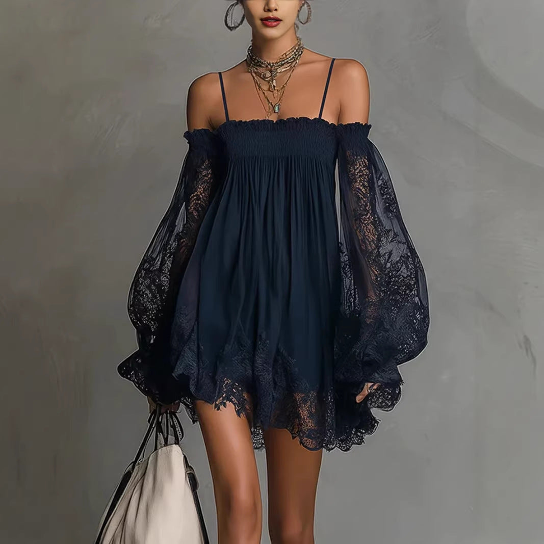 Boat-neck long-sleeve lace slip mini dress