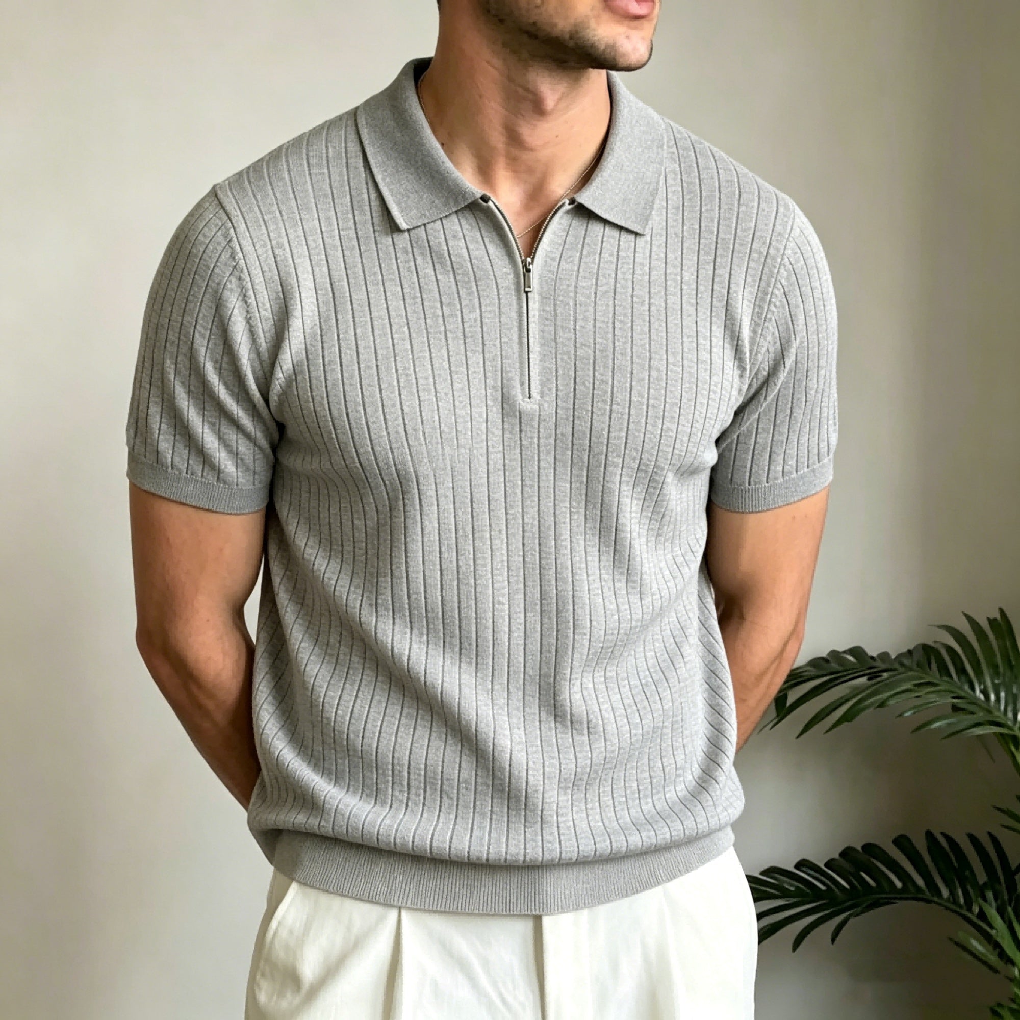 Men's old-money knit short-sleeve zip polo