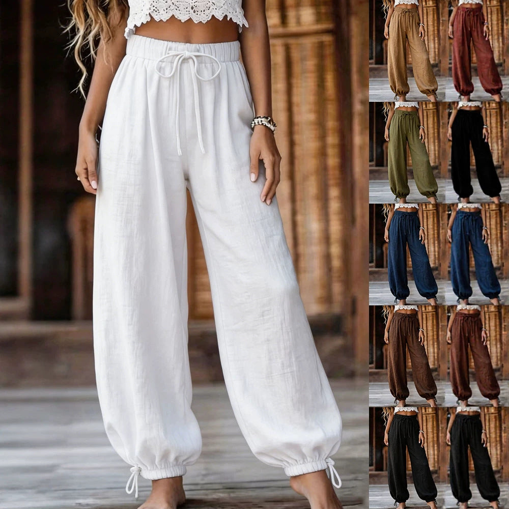 High-waist loose drawstring cotton wide-leg trousers