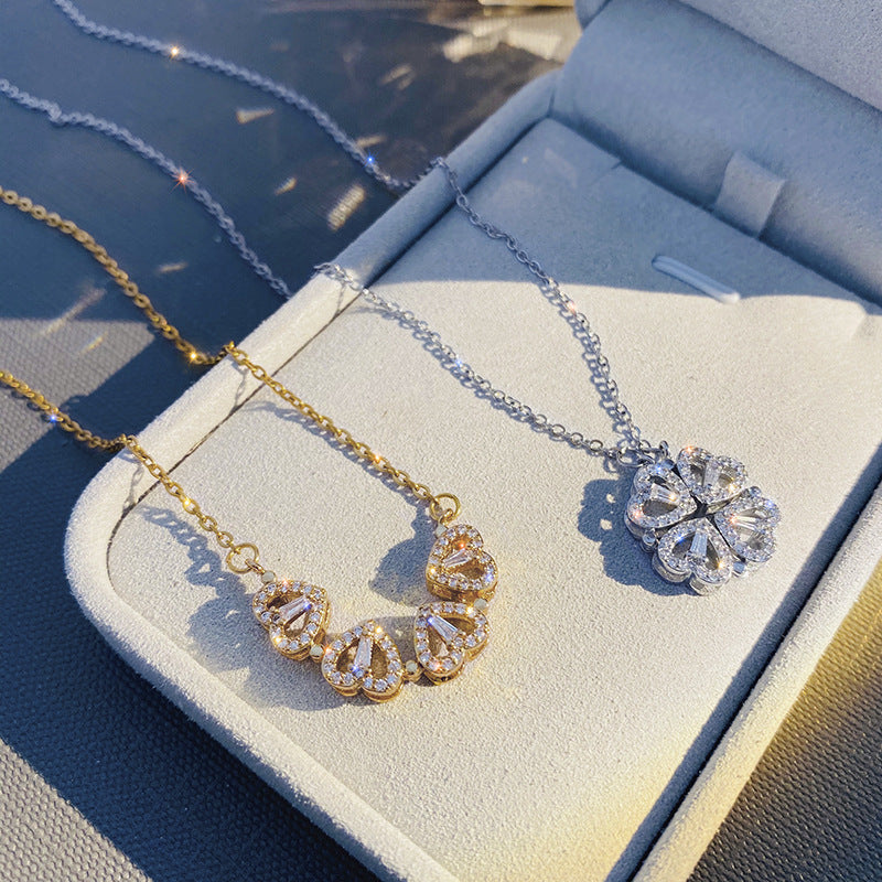 Magnetic folding four-leaf clover heart pendant necklace