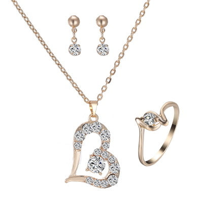Rhinestone heart necklace, earrings and ring set
