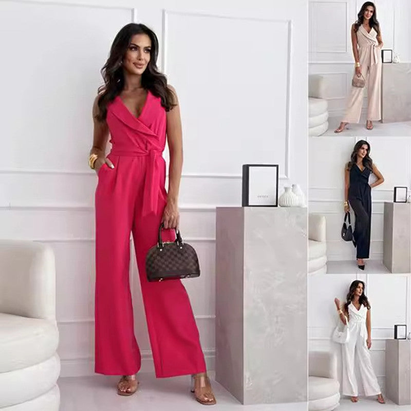 Belted wide-leg V-neck sleeveless summer jumpsuit