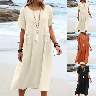 Cotton Linen Midi Dress – Loose Short-Sleeve Beach Dress