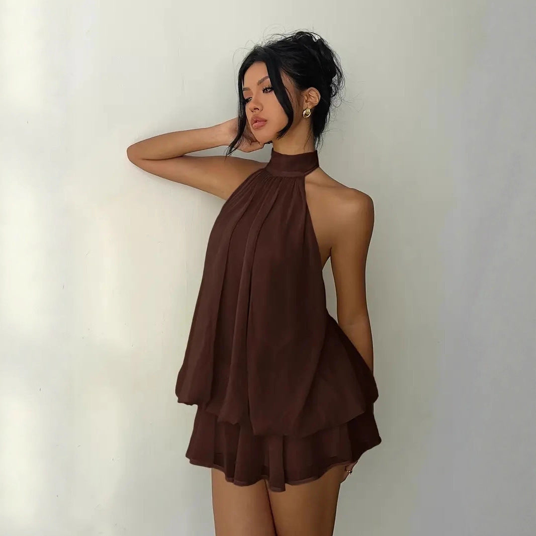 Halter Chiffon Dress – Backless Solid-Color A-Line Dress