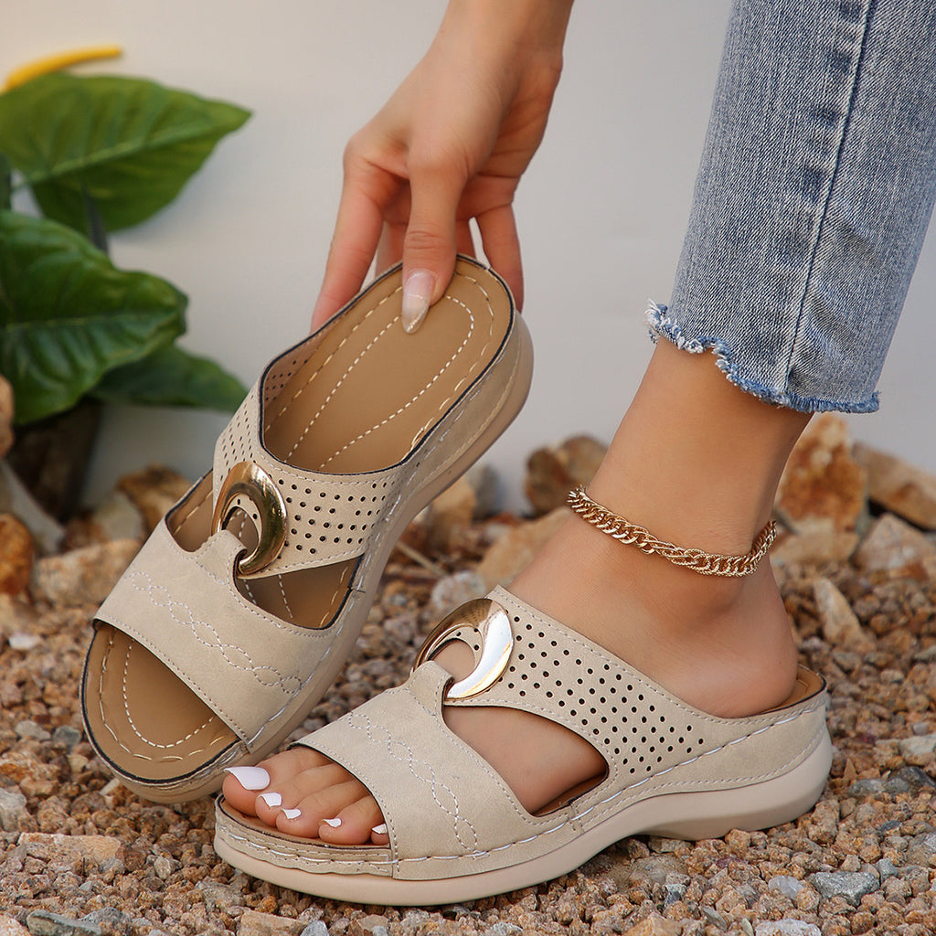 Leather Wedge Sandals – Perforated Buckle Slip-On Sandals by OEM