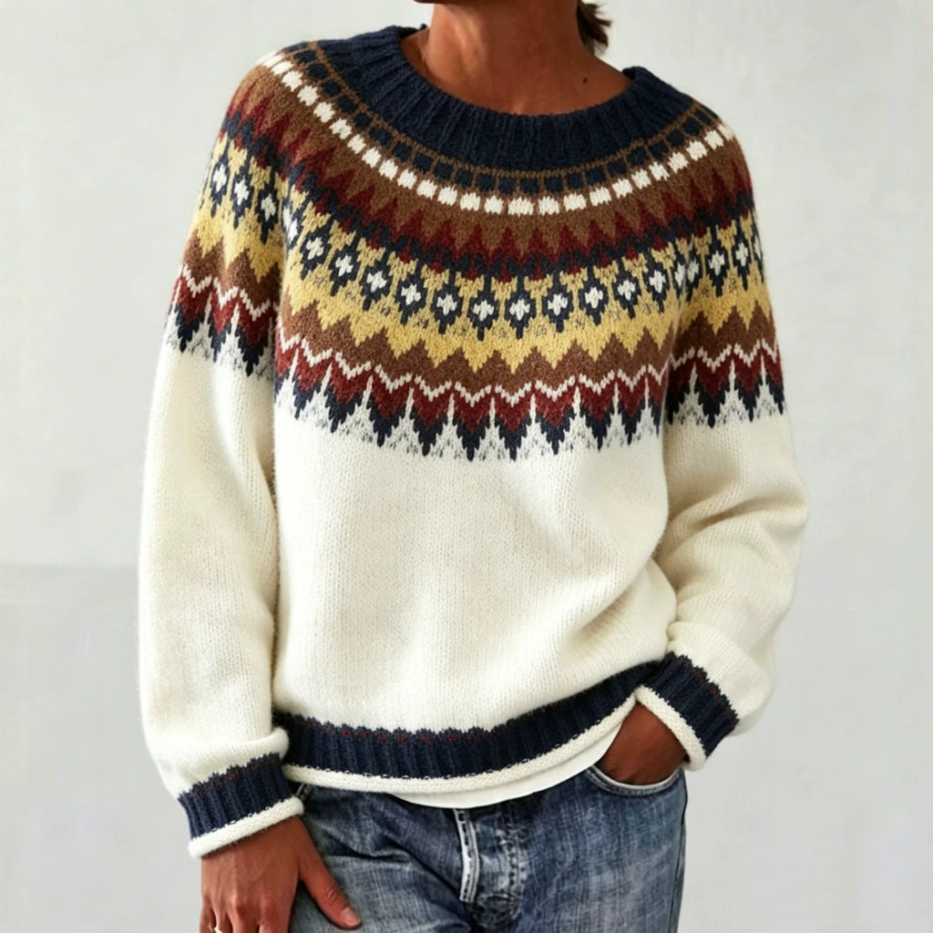 Round-neck color-block loose knit pullover sweater