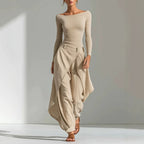 Two-piece T-shirt and draped wide-leg pants set