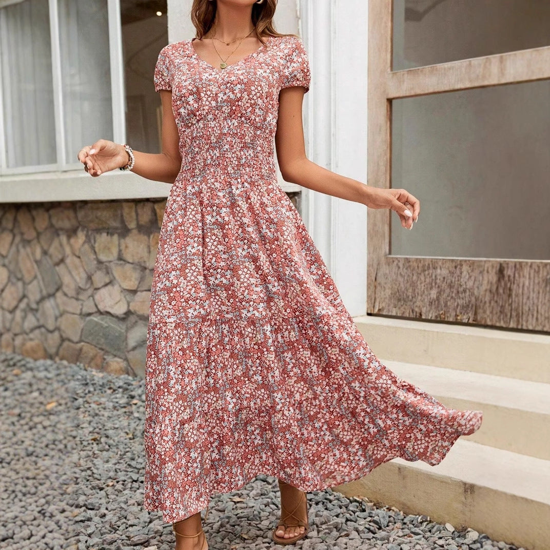 3D print short-sleeve floral A-line maxi dress