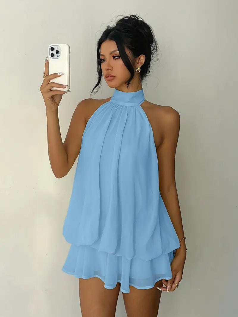 Halter Chiffon Dress – Backless Solid-Color A-Line Dress