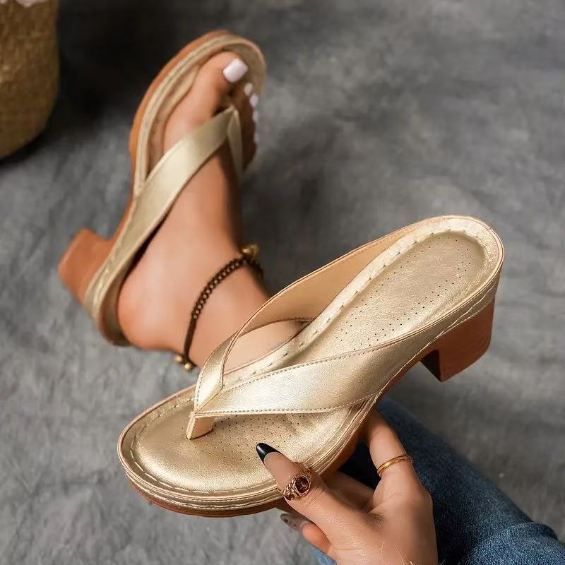 Square-heel summer wedge slide sandals