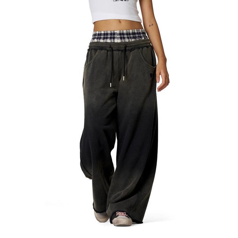 Retro Plaid Pants – High-Waist Embroidered Casual Trousers