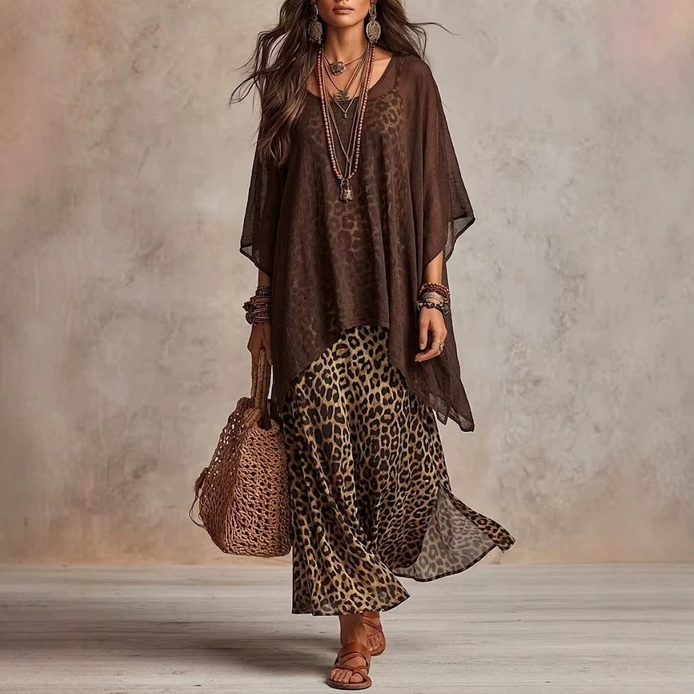Elegant sheer strap leopard print maxi dress set
