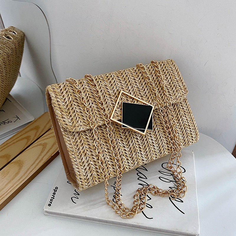 Korean-style woven straw chain square crossbody bag