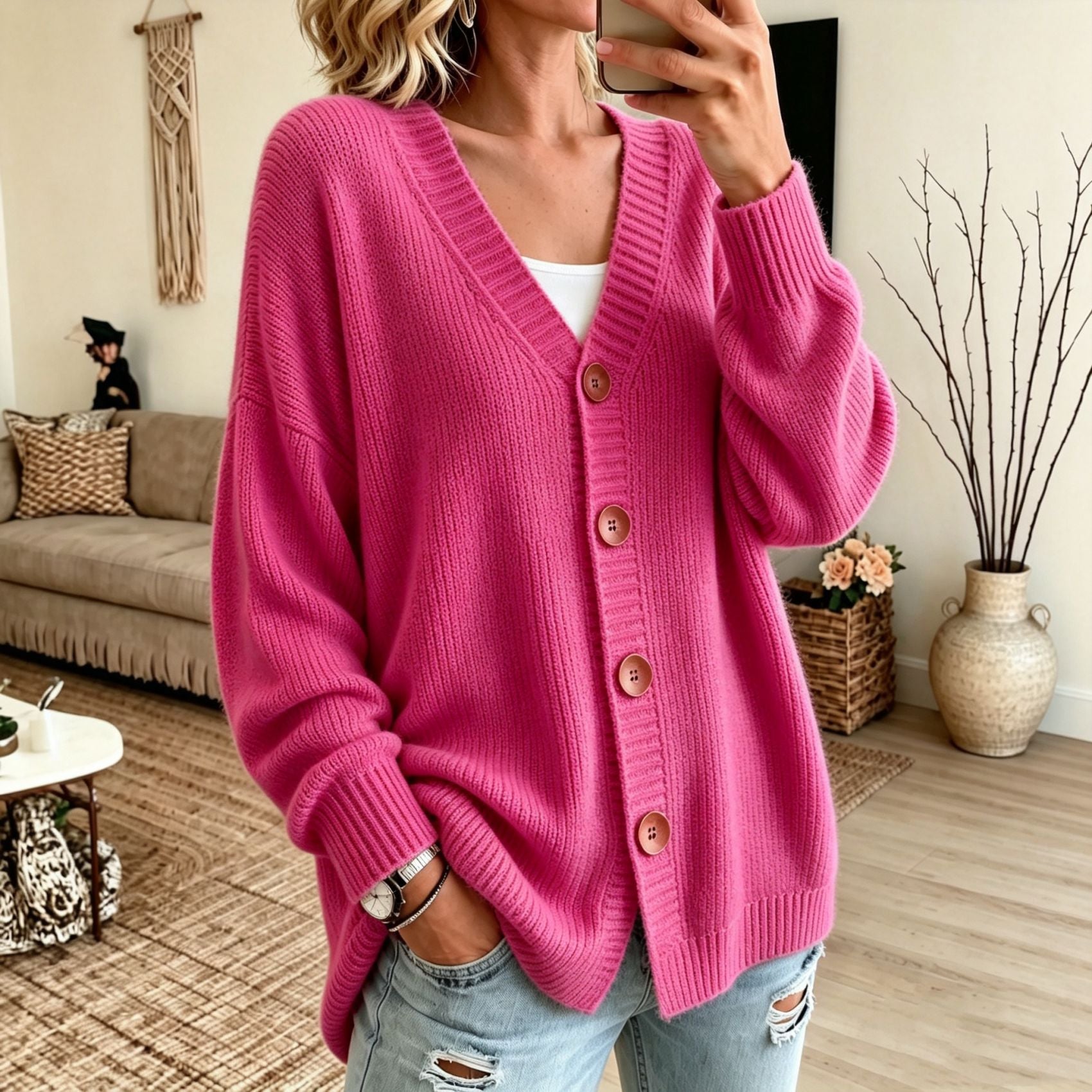 Buttoned ribbed V-neck knit cardigan for women