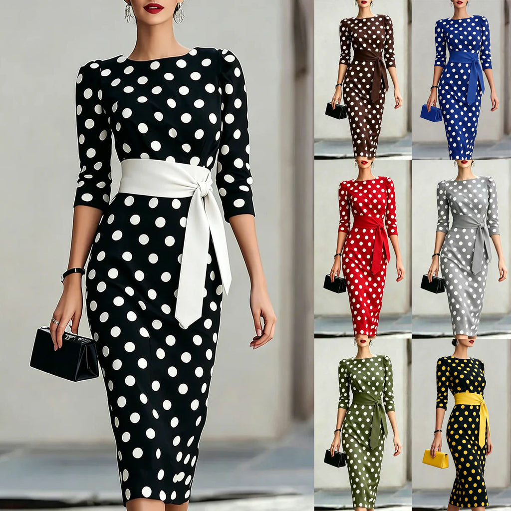 Belted polka-dot bodycon midi pencil office dress