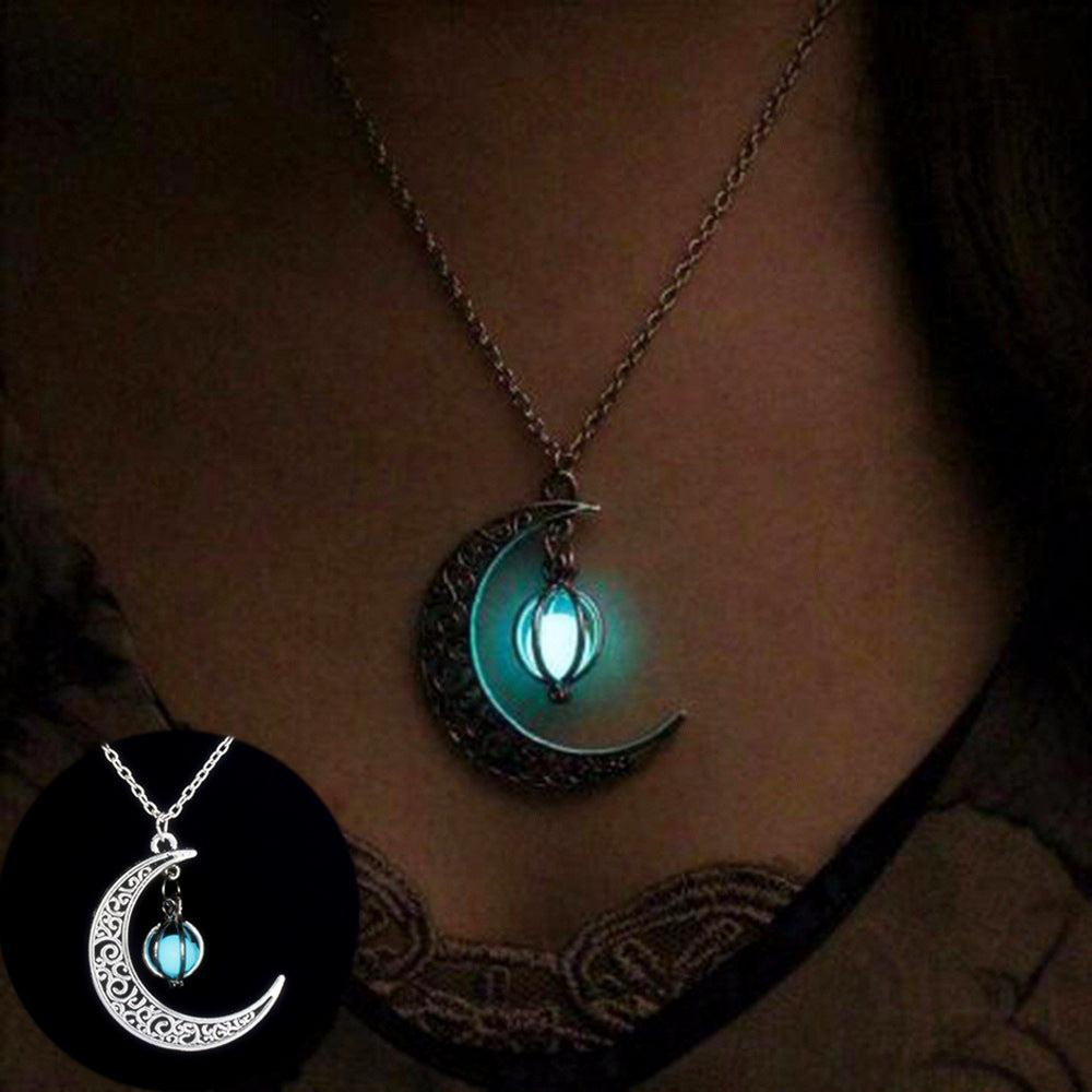 Luminous glow-in-the-dark moon stone pendant necklace