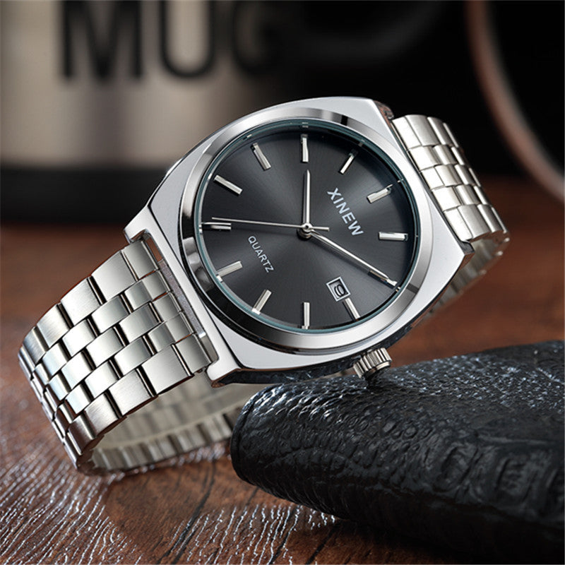 Men's stainless steel quartz calendar watch