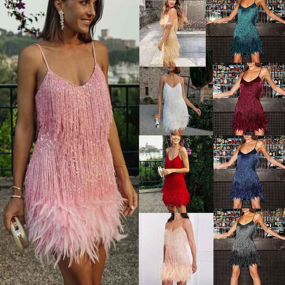 V-neck sequin feather party mini dress