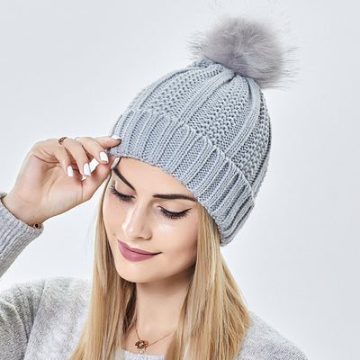 Winter Knitted Hats Fashion Stretchy Lined Skull Hats For Women Faux Fur Pom Pom Hat Keep Warming Beanie Hat