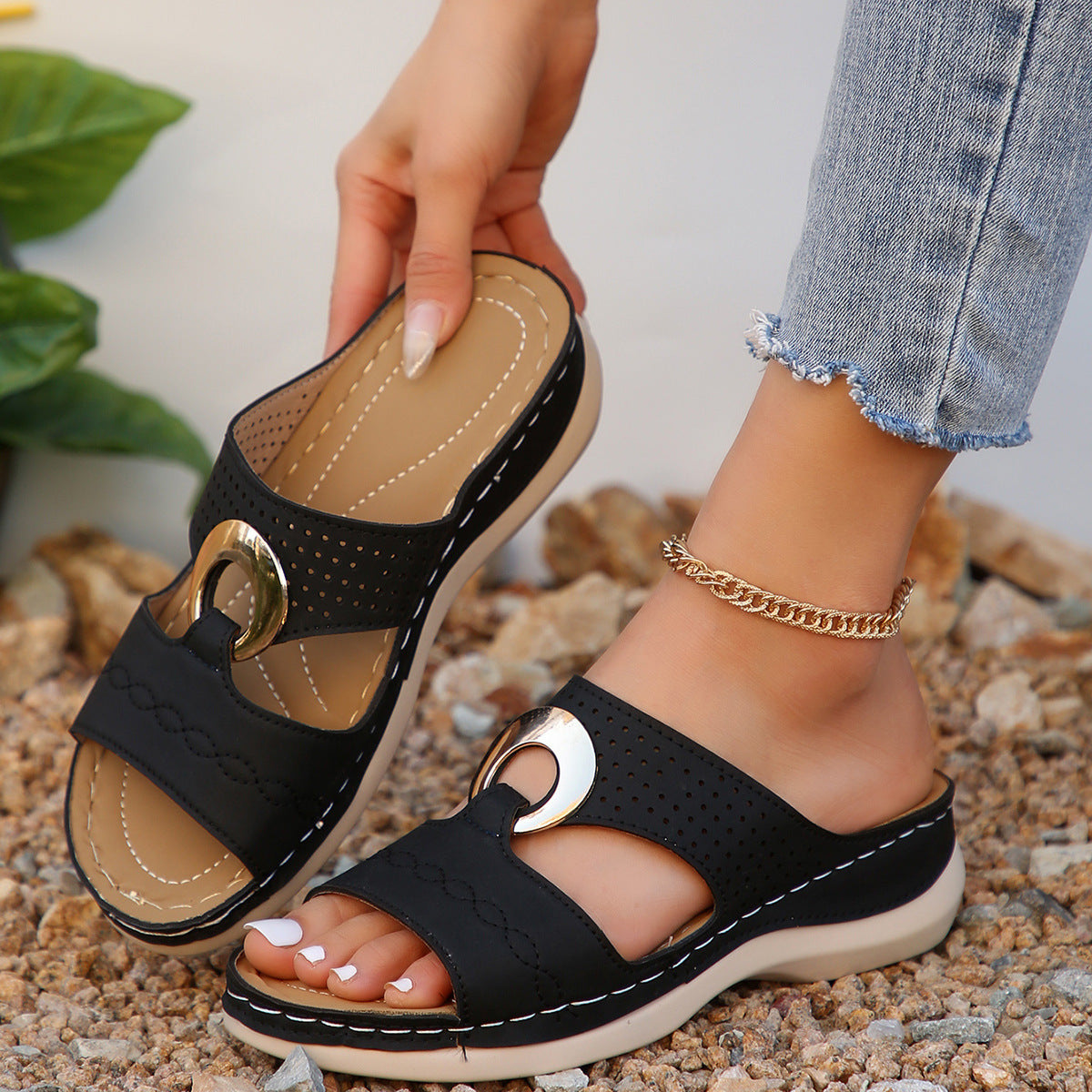 Leather Wedge Sandals – Perforated Buckle Slip-On Sandals by OEM