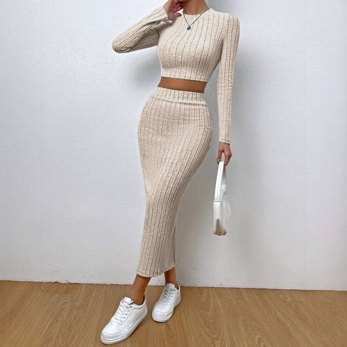 Two-piece crew-neck knit top and midi skirt set