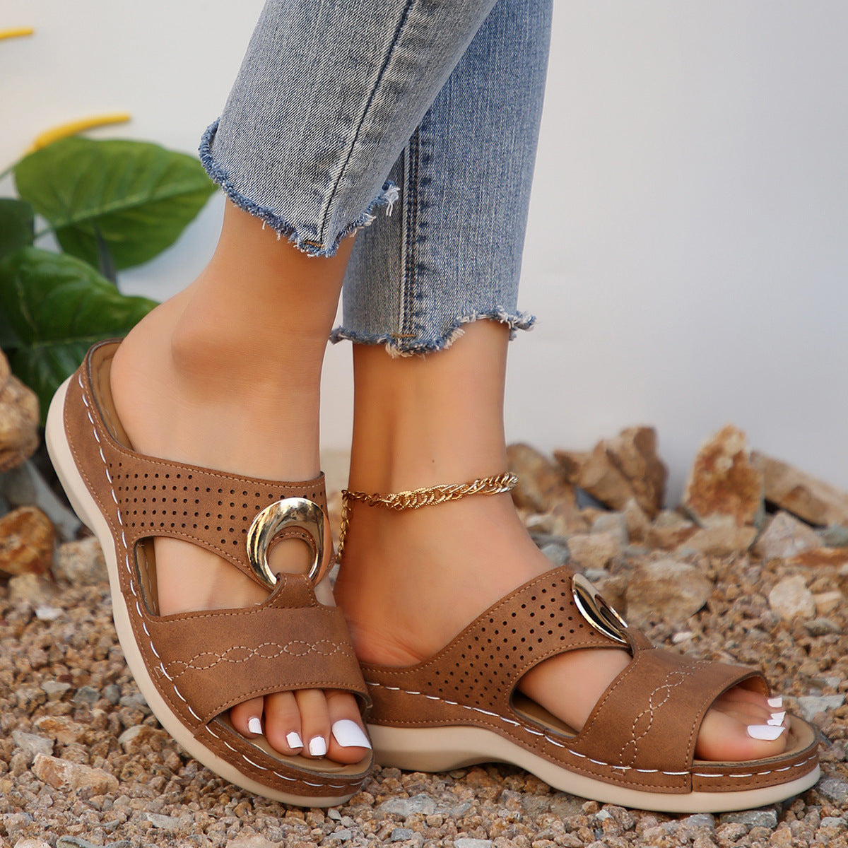 Leather Wedge Sandals – Perforated Buckle Slip-On Sandals by OEM