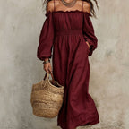 Puff-sleeve loose strap off-shoulder midi dress