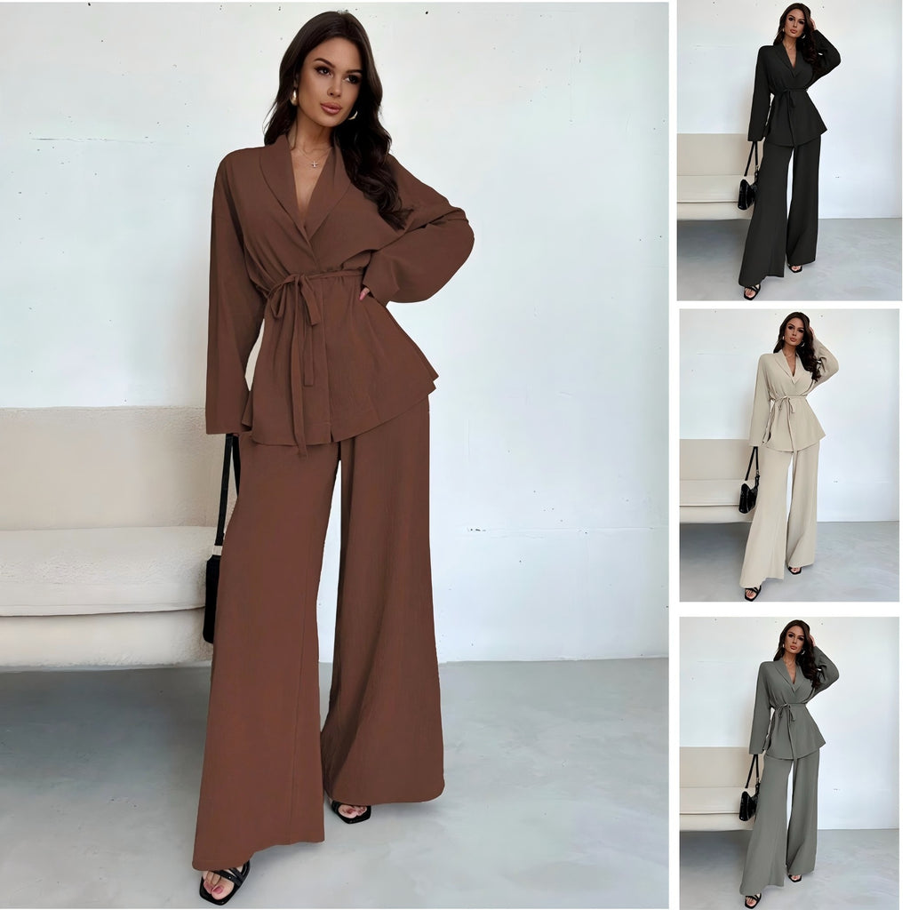 V-neck cardigan top and wide-leg pants two-piece set