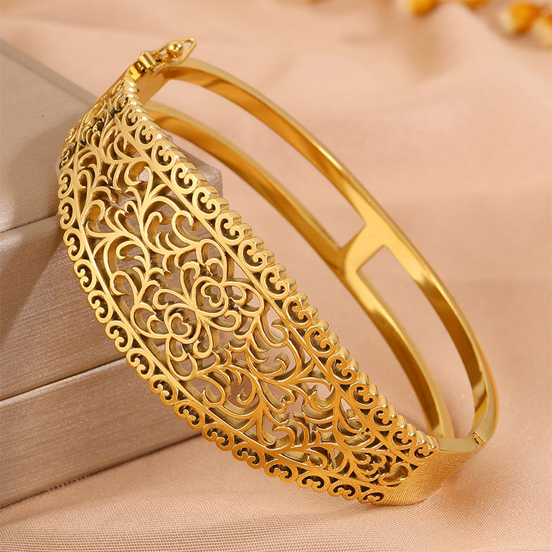 Gold Bangle Bracelet – Titanium Steel Hollow Carved Cuff