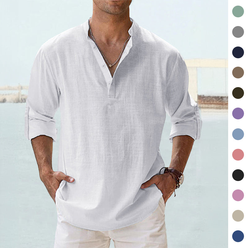 Men's loose stand-collar long-sleeve cotton linen shirt