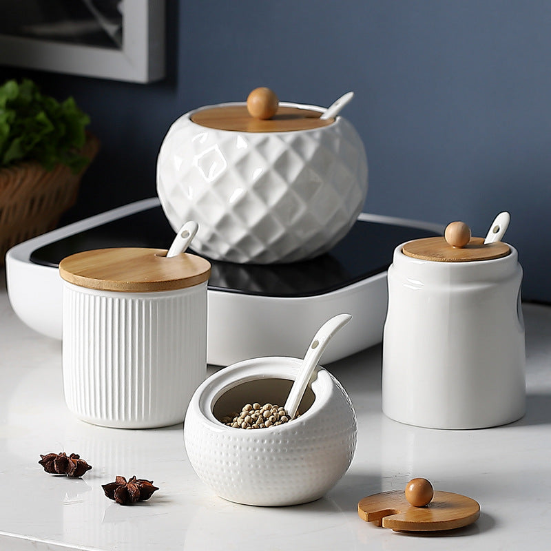Ceramic kitchen spice and condiment seasoning jar