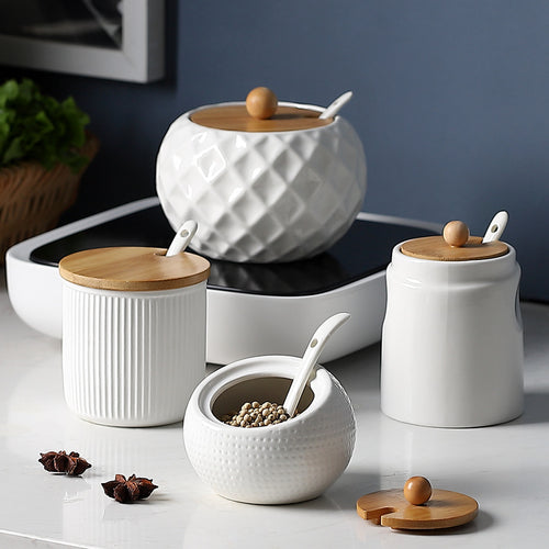 Ceramic kitchen spice and condiment seasoning jar