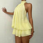 Backless solid-color halter chiffon A-line dress