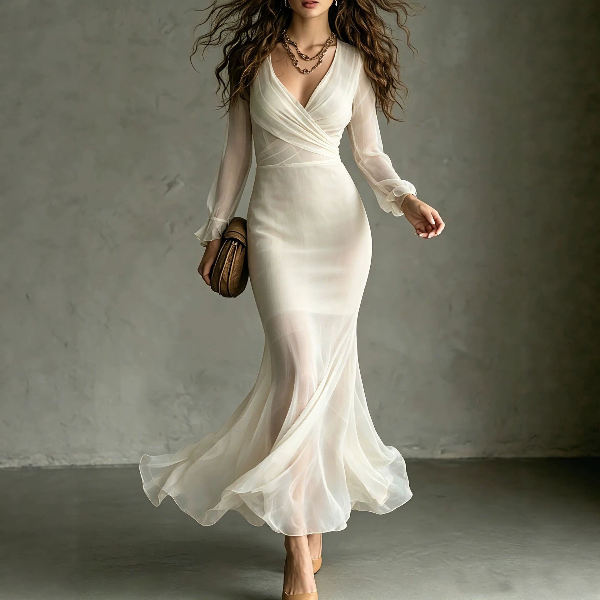 Cross-wrap waist chiffon fishtail evening maxi dress