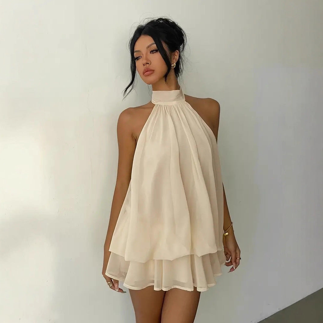 Halter Chiffon Dress – Backless Solid-Color A-Line Dress