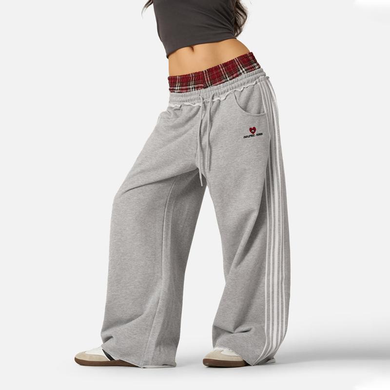 High-waist embroidered retro plaid casual trousers