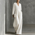 Long-sleeve relaxed V-neck wide-leg jumpsuit