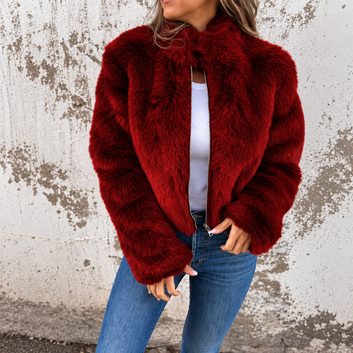 Fashion Stand Collar Plush Jacket Winter Casual Turtleneck Zipper Coat Fleece Tops Women's Clothing